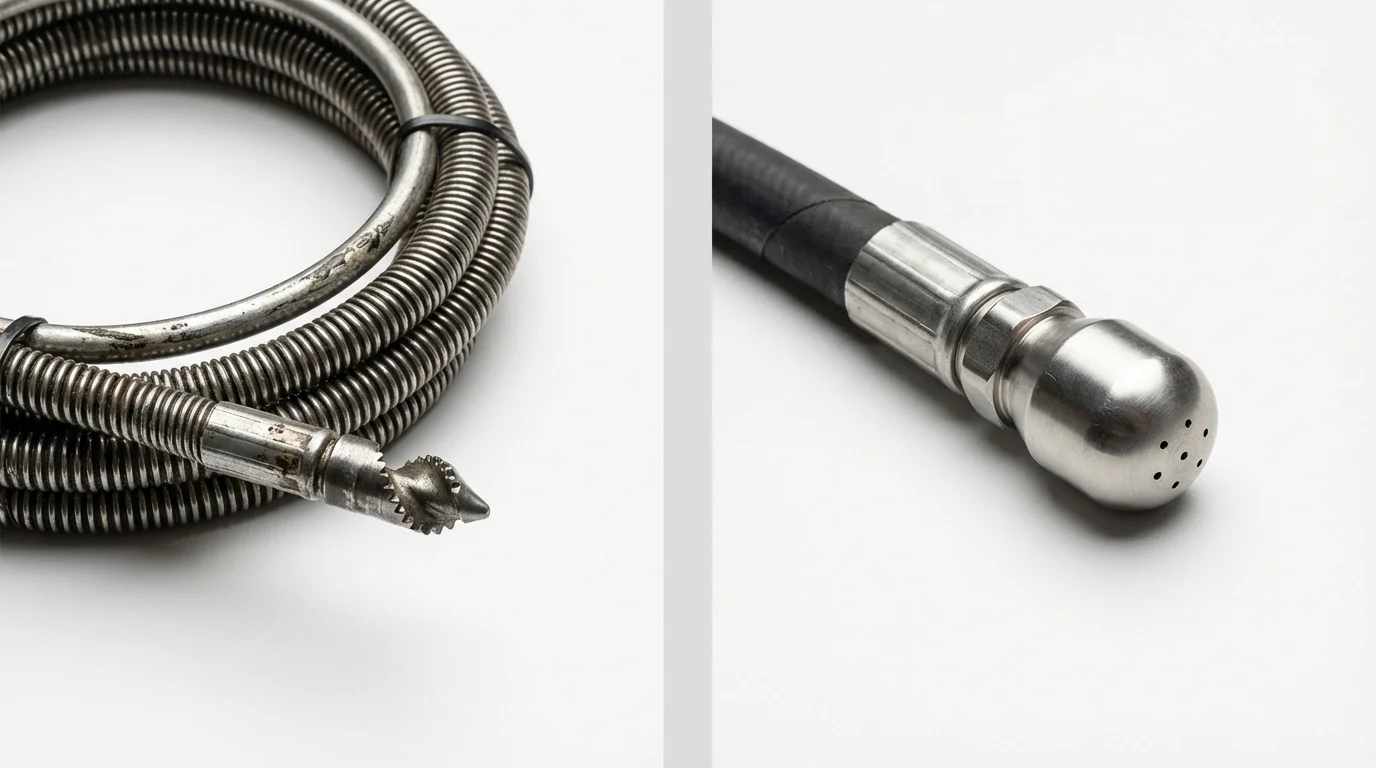Drain snake cable and hydro jetting nozzle used for drain cleaning in Hubbard, OR