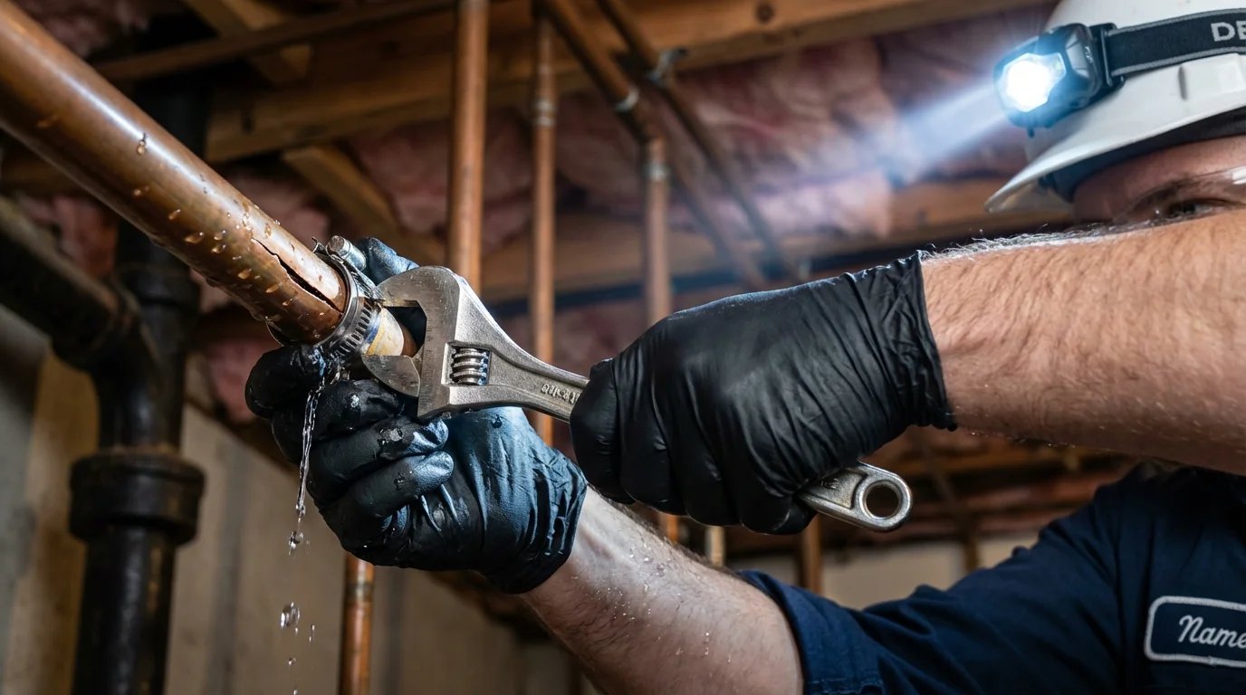 Emergency pipe clamp repair being performed by a Johns Plumbing LLC plumber in Hubbard