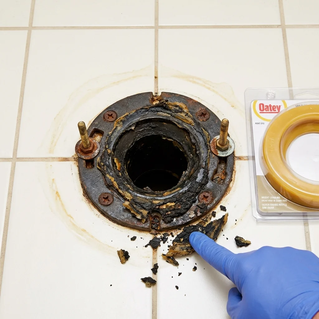 Failed wax ring showing water seepage at the base of a toilet in a Hubbard, OR home