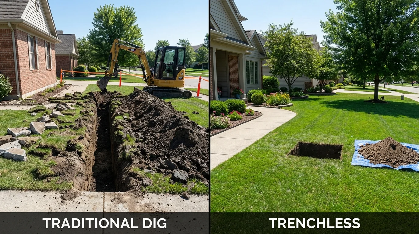 Trenchless sewer repair with minimal yard damage versus traditional excavation in Hubbard, OR